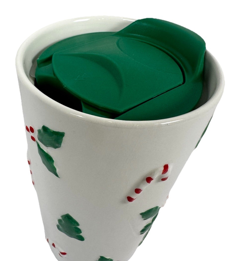 Sunday Morning Ceramics 18oz Hand Painted Ceramic Travel Mug Candy Cane Holly