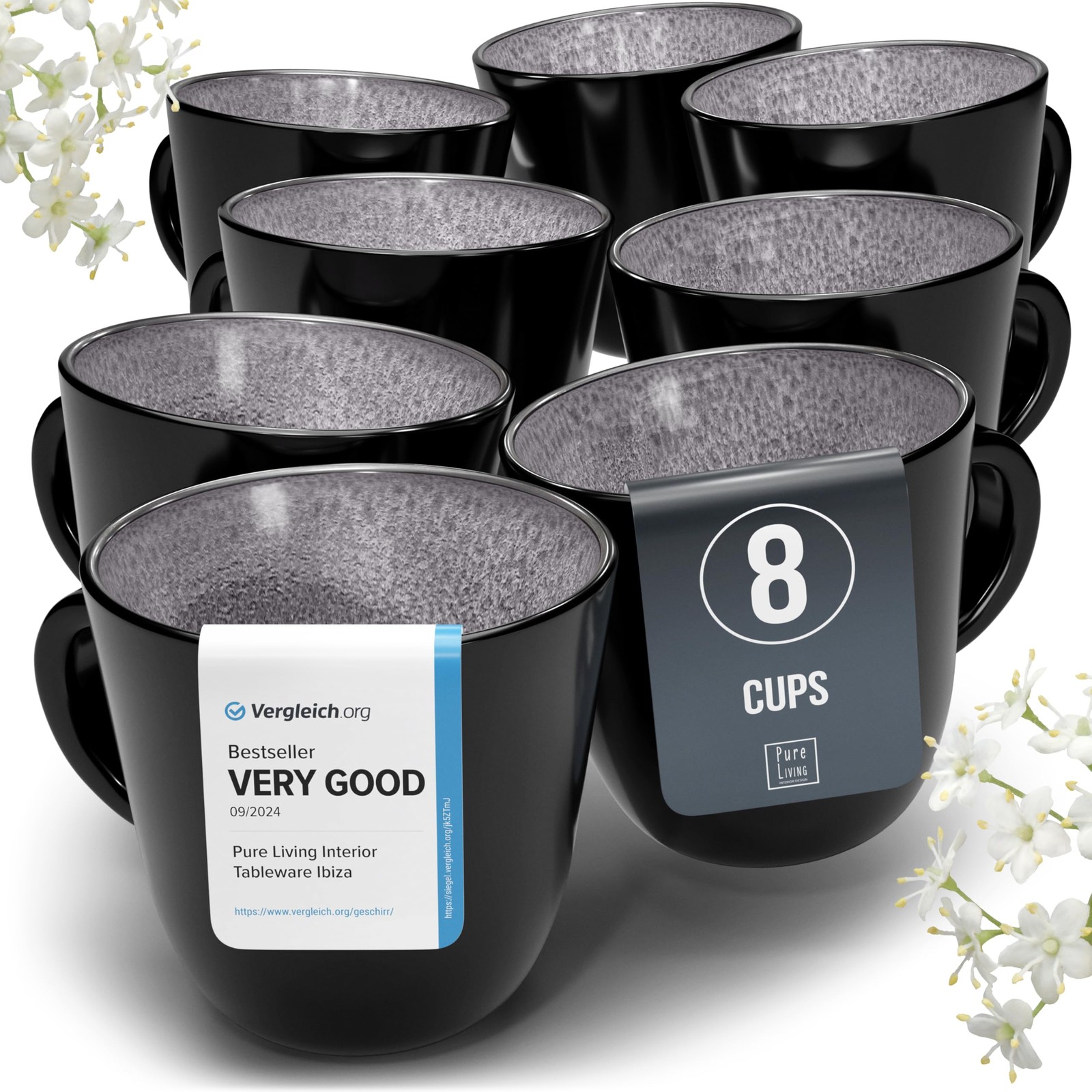 PURE LIVING INTERIOR DESIGN Stoneware coffee mugs set 8 pcs – 14.5 oz dark gr…