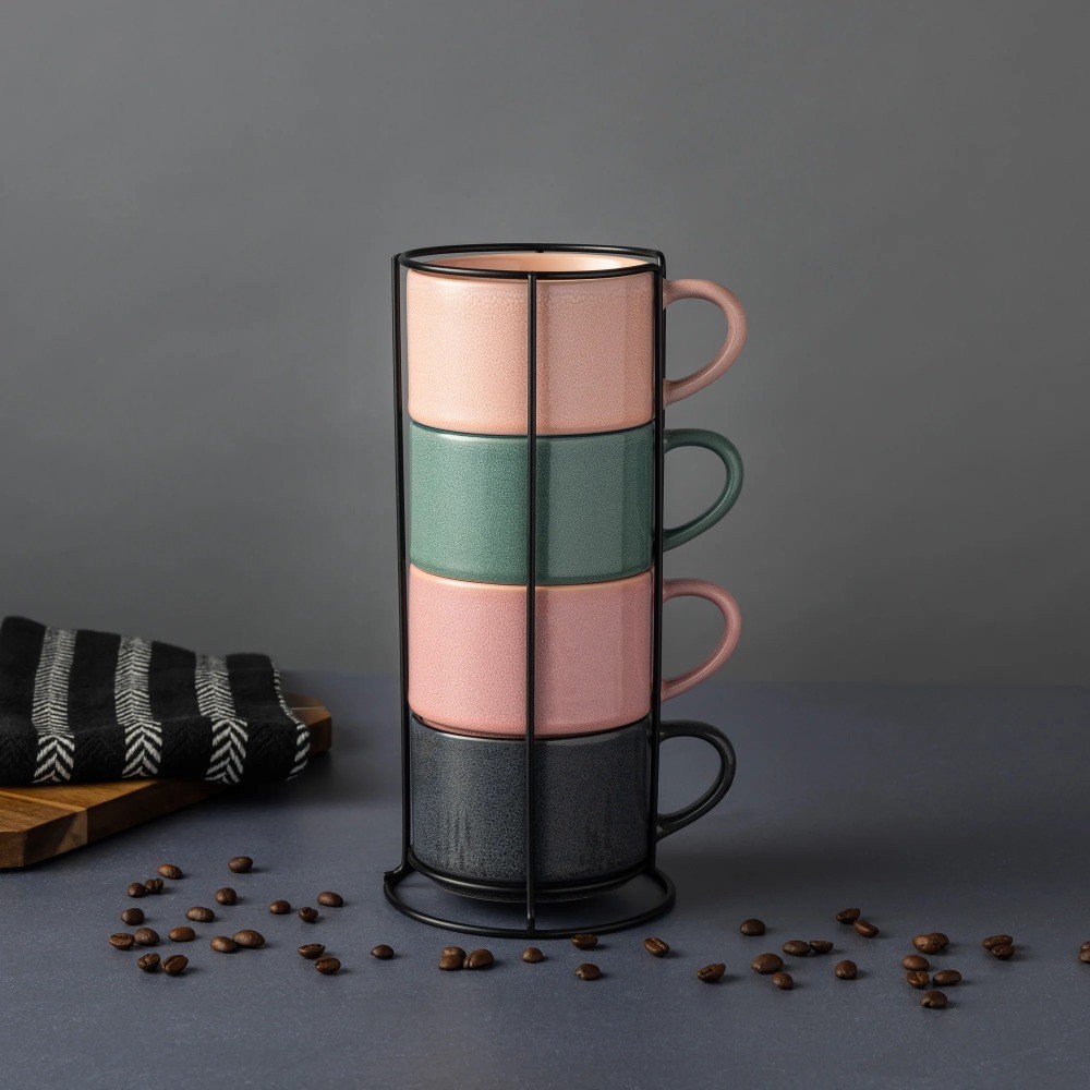 Stacking Stoneware Mugs Set of 4 Reactive Glaze Color Mix 11.1 oz Cups