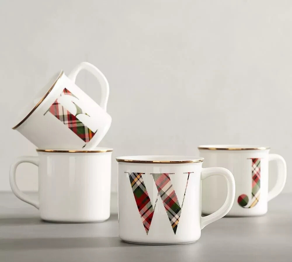 POTTERY BARN Mug MONOGRAM J Letter Alphabet PLAID Silver Rim Holiday 16 oz 2017