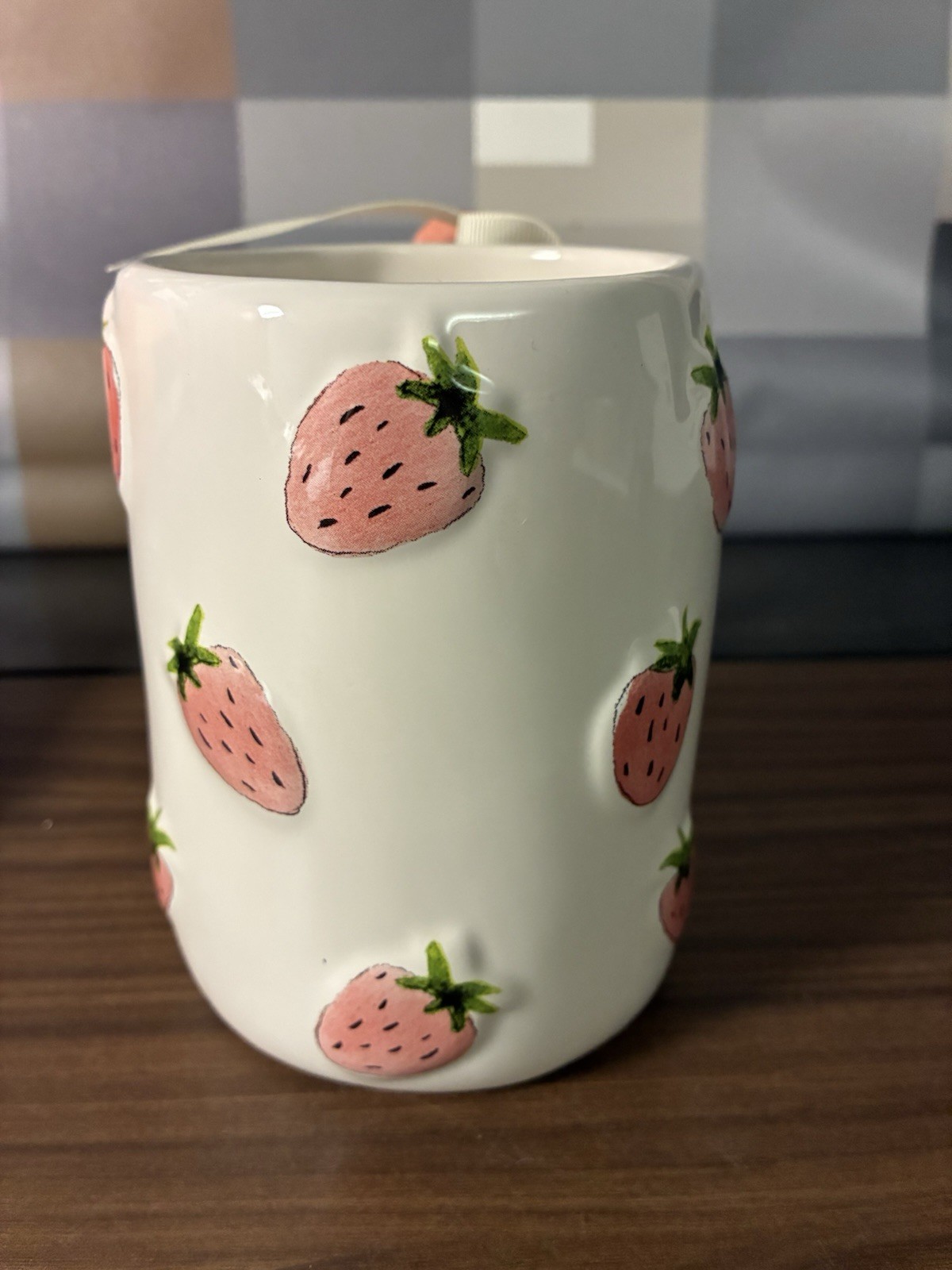 Rae Dunn Strawberry BERRY HAPPY Mug With Strawberry On Handle Summer