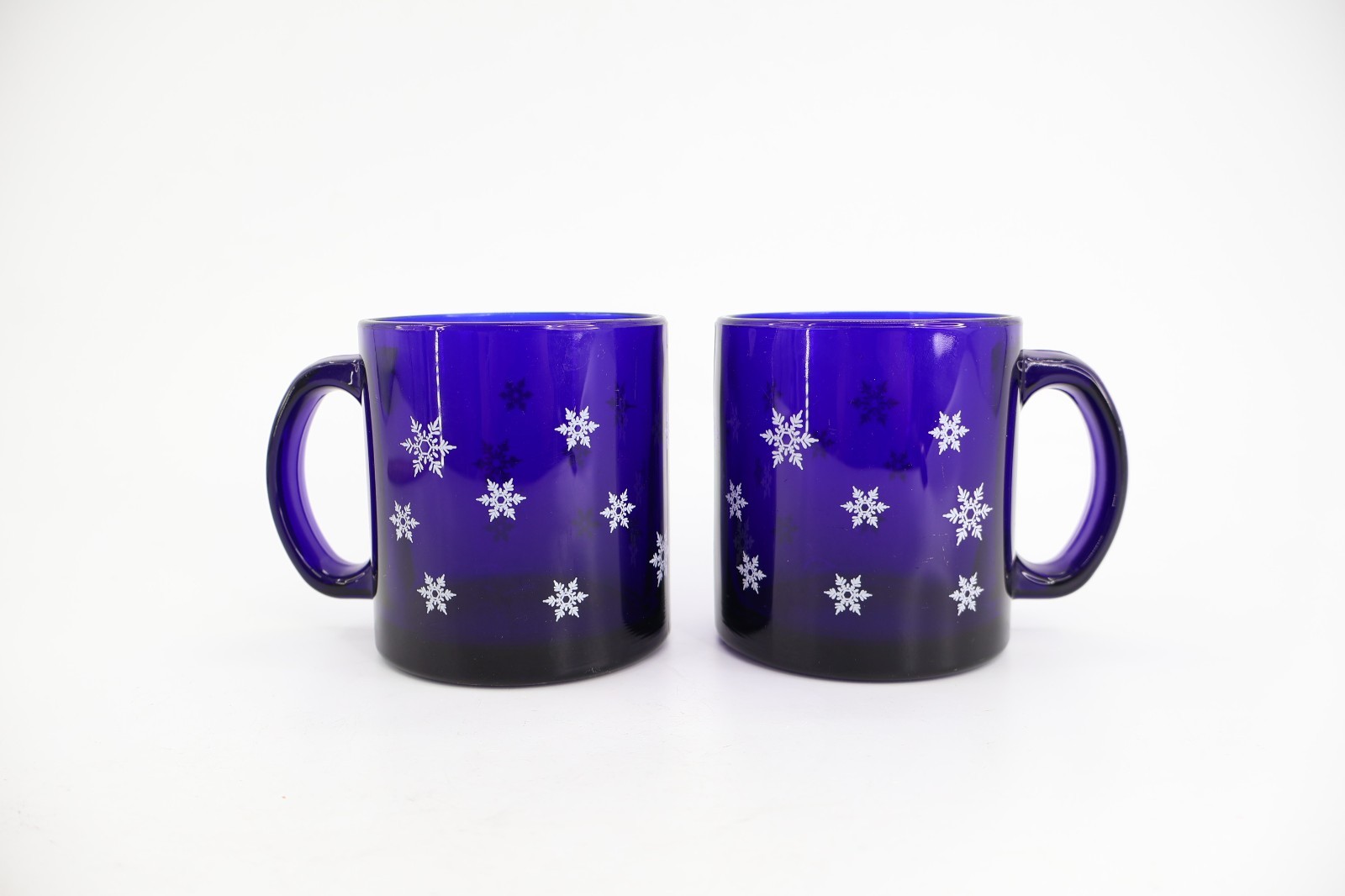 Libbey Cobalt Blue Glass Mugs Set of 2 White Snowflake Winter Christmas Holiday