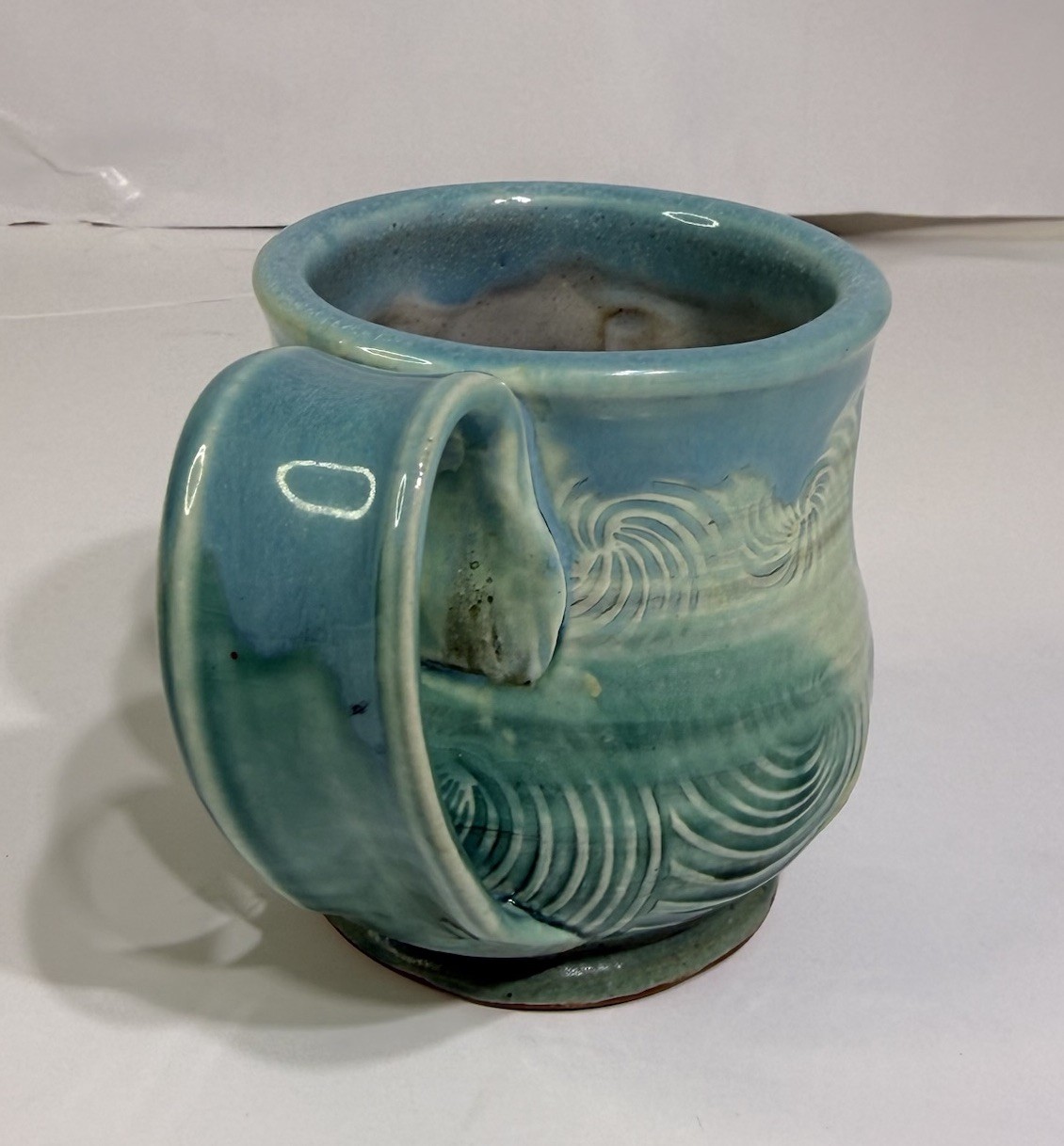 Studio Pottery Coffee Mug Cup Green Wave Design Signed Beach Salt Life