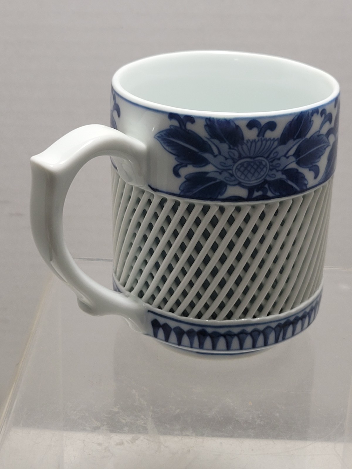 Vintage Arita Imari Japan Blue & White Floral Motif Tea Mug Lattice Reticulated