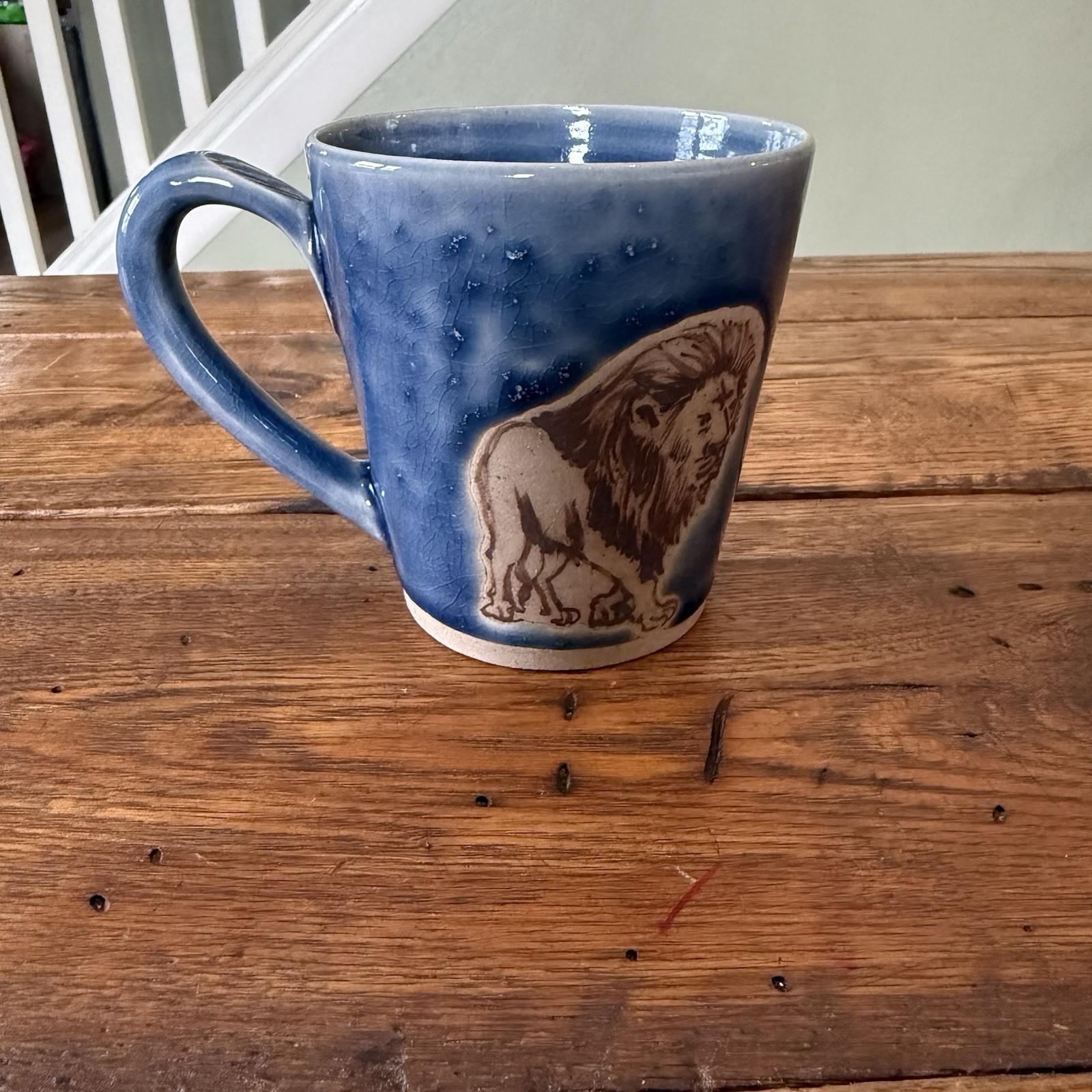 Thailand Blue Lion Coffee/tea Mug – Handcrafted Crackle Glaze Artist Signed
