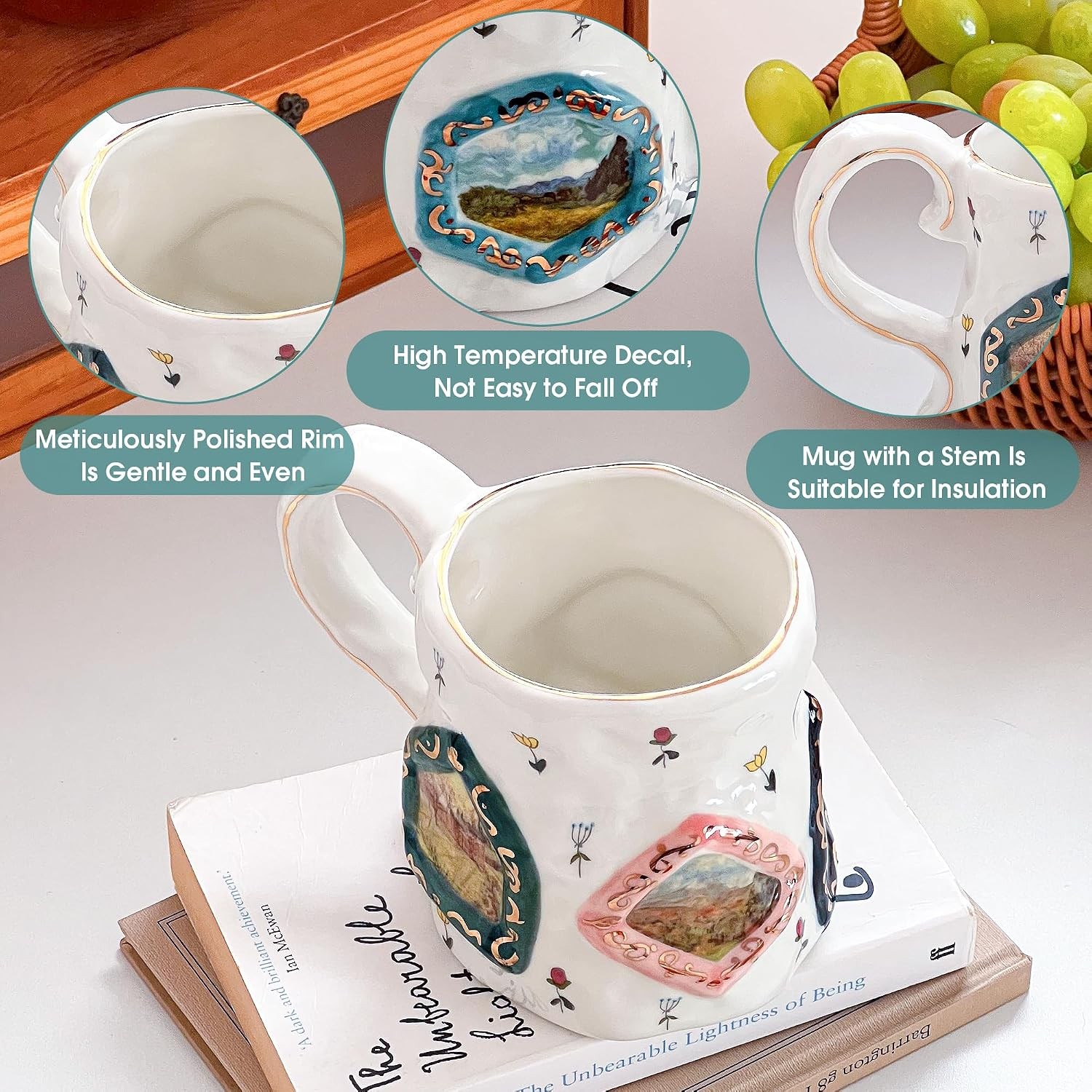 Large Ceramic Coffee Mug, Pretty Flower Cup with Big Handle, Funny Cute Tea