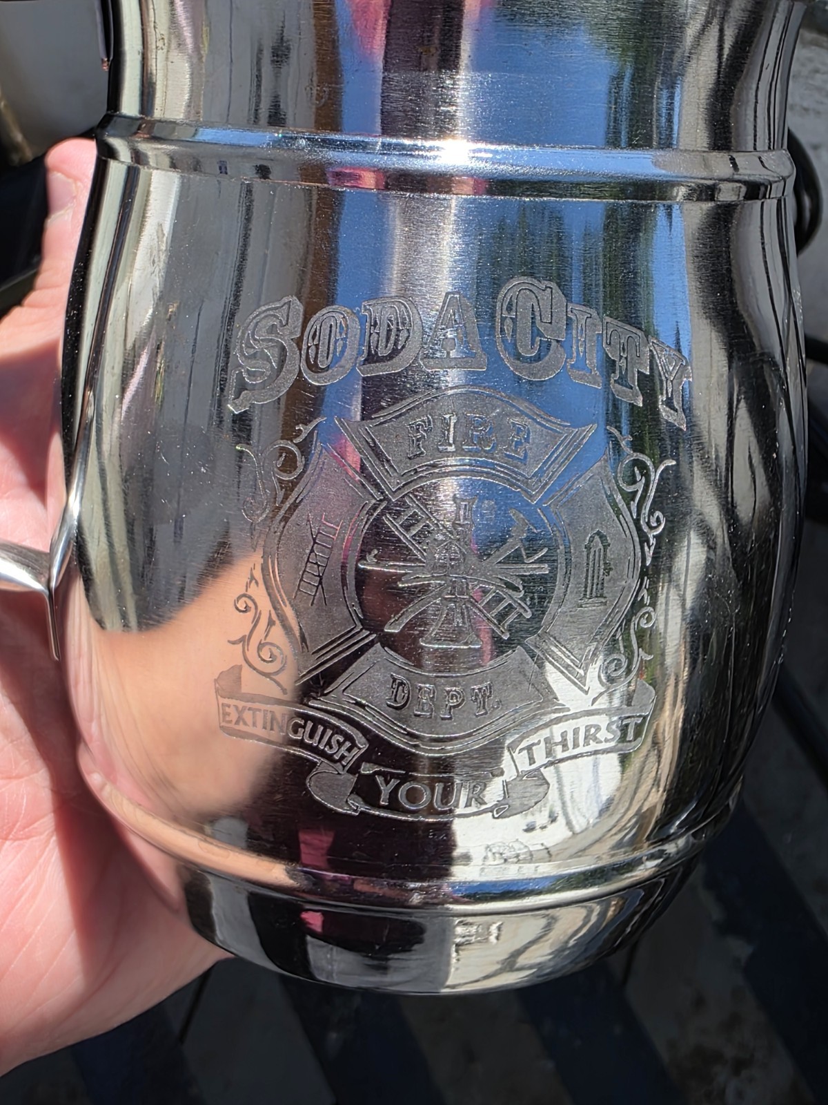 Metal Steel Soda City Mug Fire Department Logo Extinguish Your Thirst