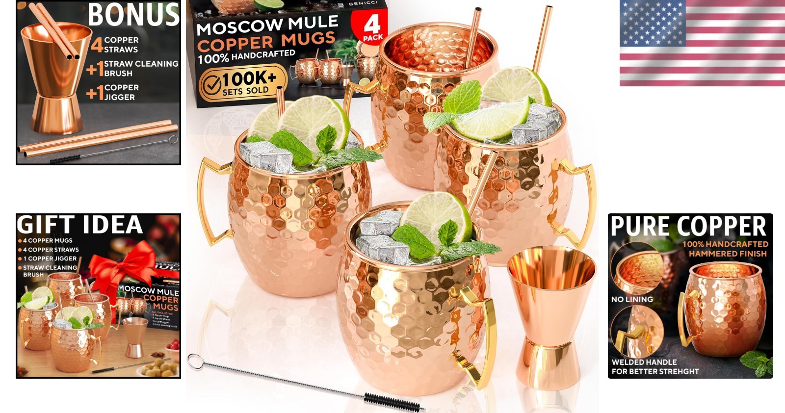 Copper Moscow Mule Mugs Set of 4 Handcrafted Food Safe Drinkware for Cocktails