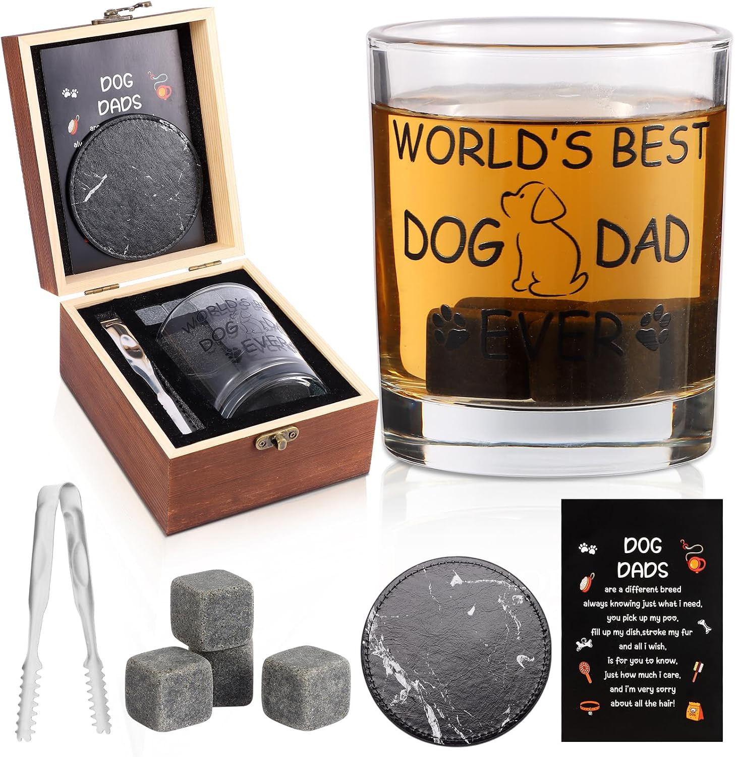 Dog Dad Gifts, Best Gift for Dad, Gift with 12Oz Whiskey Glasses, Stones, Coaste