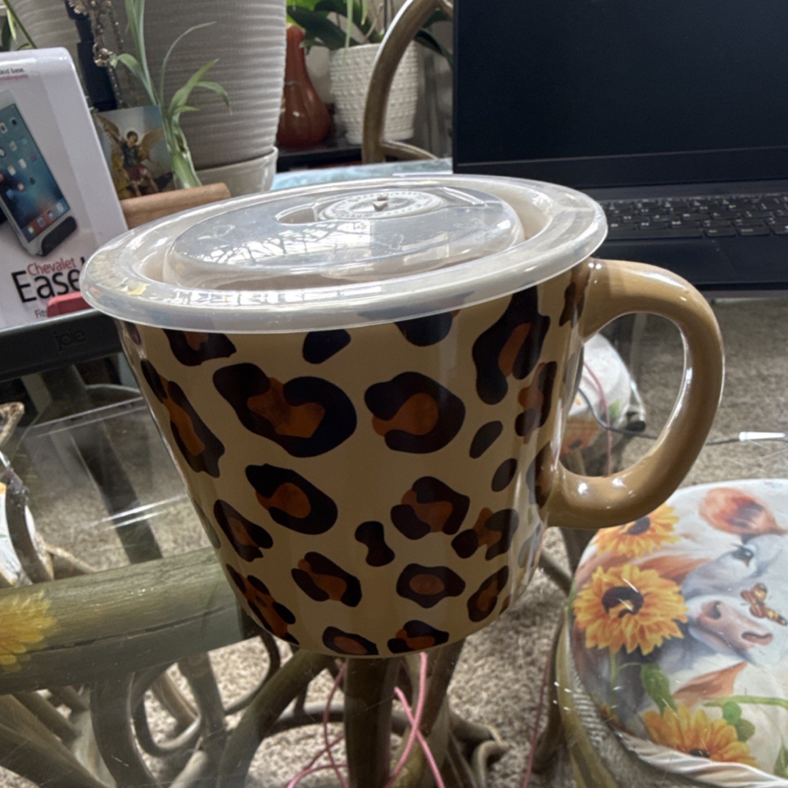 Leopard Print Ceramic Soup Mug with Lid, Two-Piece Set, Tan Brown Black, Animal