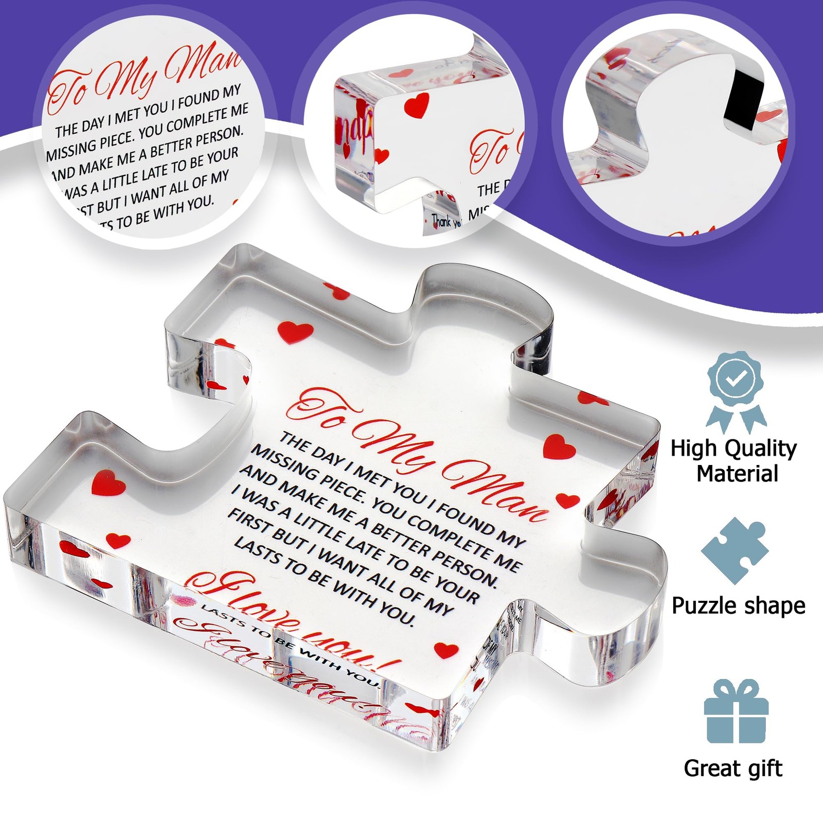 to My Man – Engraved Acrylic Block Puzzle 4.1 x 3.5 inch Gifts for Him for Hu…