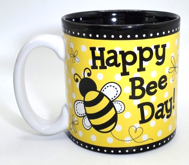 Burton & Burton, ‘Happy Bee Day’ Mug with Bees and Dots – 14 oz Capacity