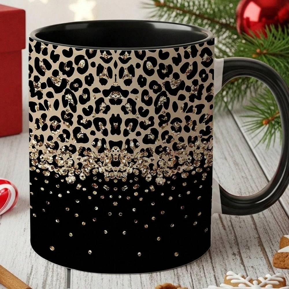 Leopard Print Coffee Mug with Golden Pattern, Elegant Heat-Retaining Cup