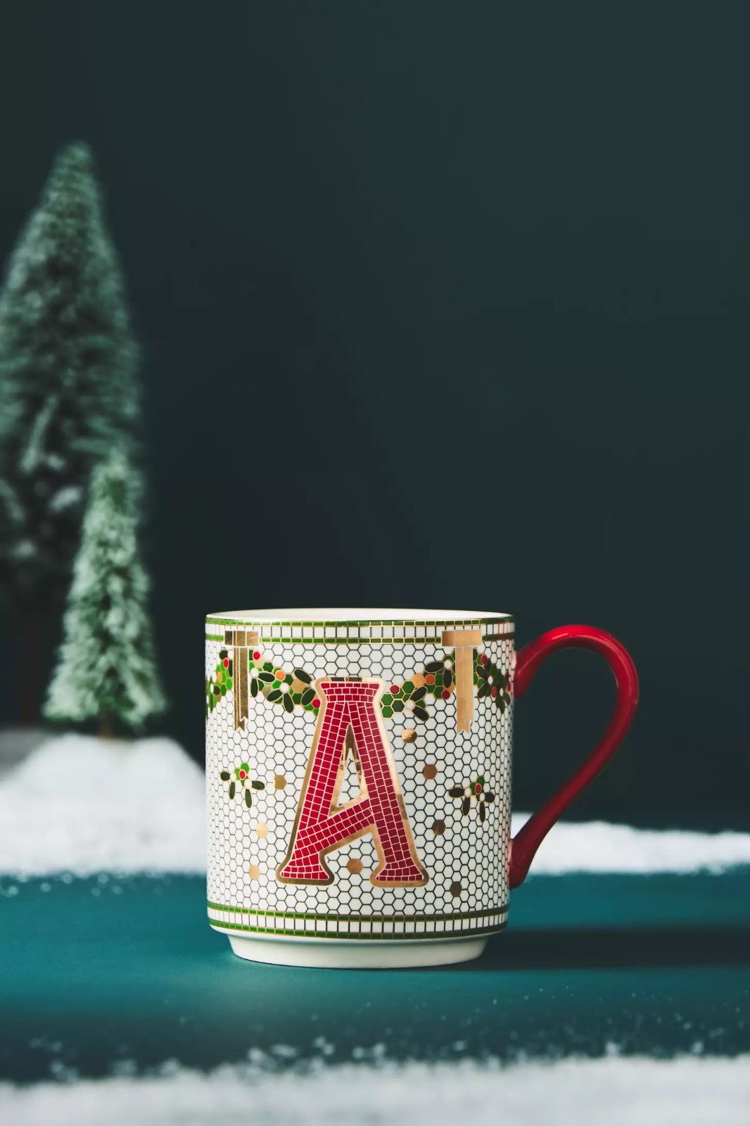 NEW Anthropologie The Bistro Tile Stoneware Monogram Mug Festive Letter A