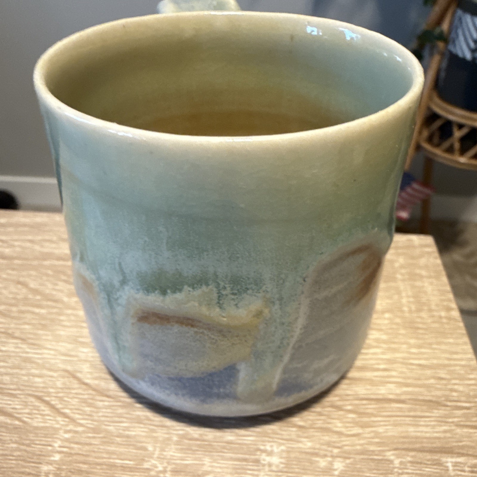 Ceramic Coffee Mug 8 fl oz Abstract Decorated Green Blue Beige Contemporary
