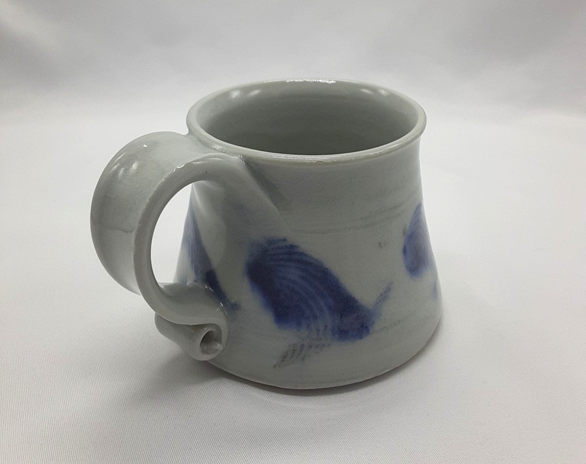 Small Blue & Light Gray Abstract Koi Fish Art Pottery Tea Cup Coffee Mug Signed