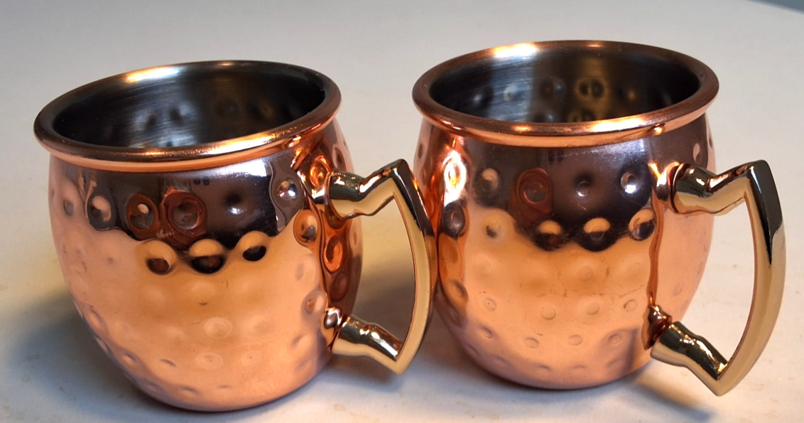 Set of 2 Mini Hammered Copper Moscow Mule Mugs 2 in Tall Brass Handles