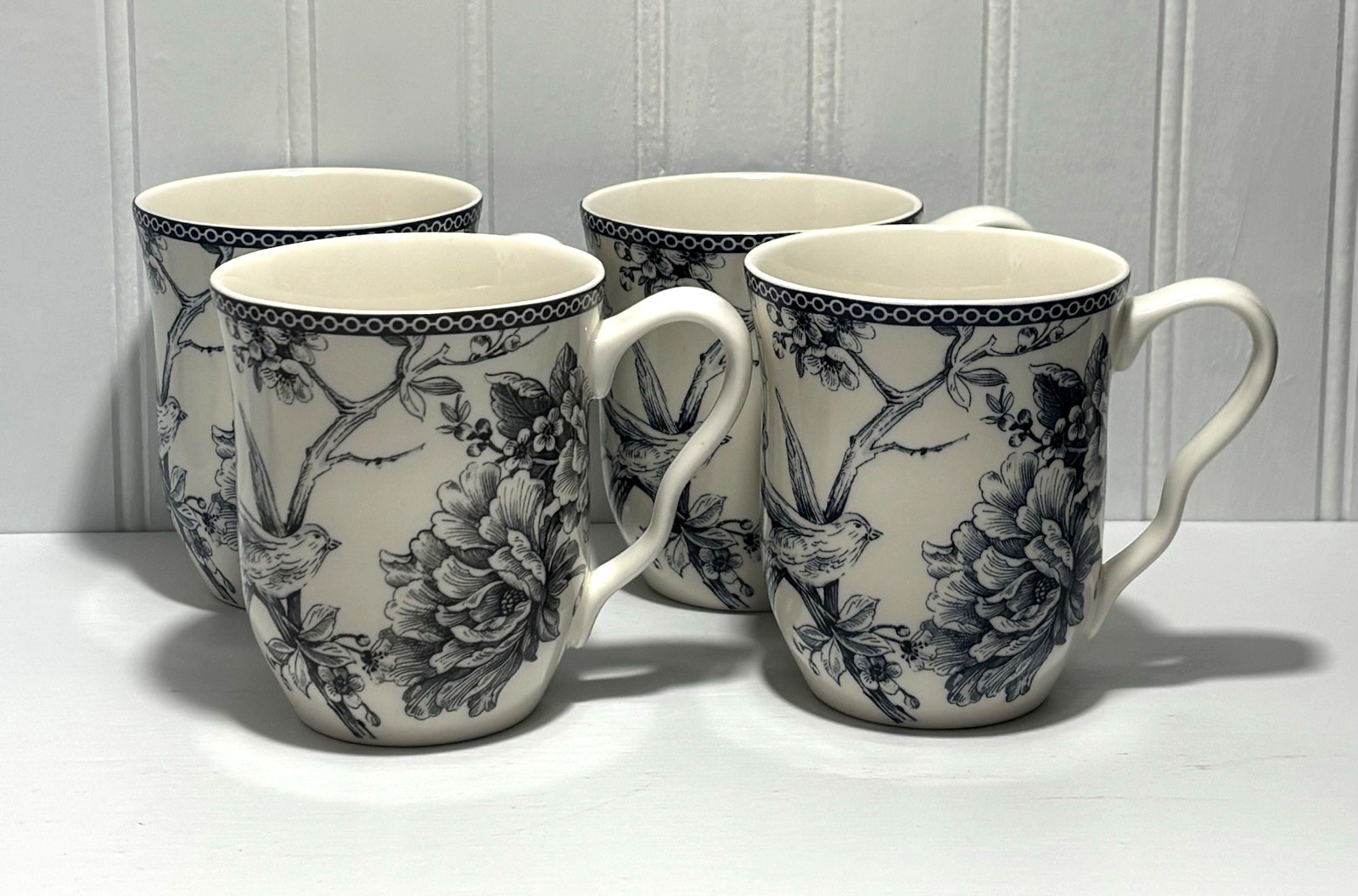 222 Fifth Adelaide Grey Floral 13 Fl Oz Fine China Porcelain Mug Set of 4