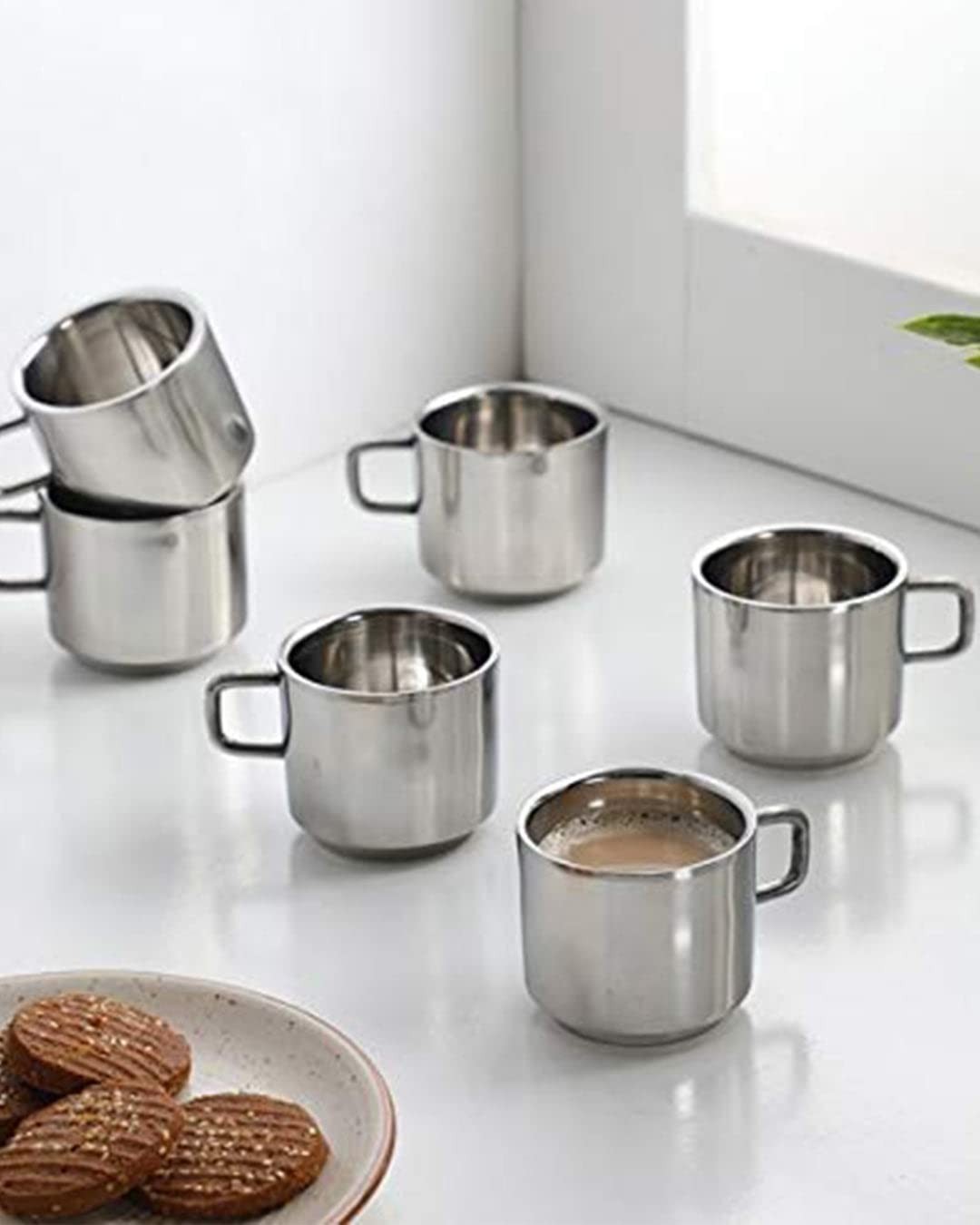 Set of 6 Stainless Steel Tea Cups 100ml Reusable Silver Coffee Mug Tumbler