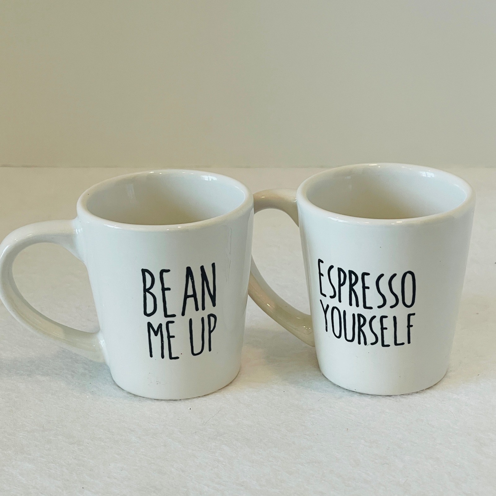 PMI Stoneware Espresso Mugs Set of 2 Bean Me Up Espresso Yourself White 3oz