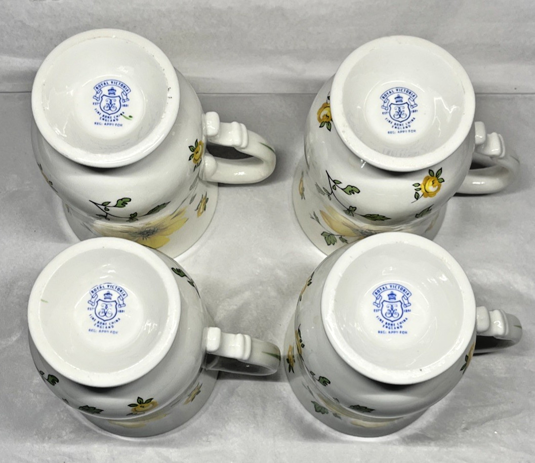 4 Royal Victoria Bone China Yellow Floral Dogwood Footed Cups Mugs England