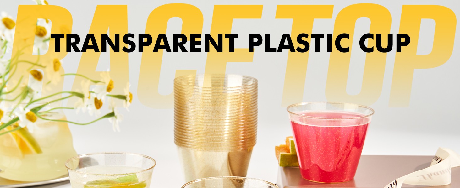 100 Pack 9 oz Gold Plastic Cups Tumbler, Disposable Cups with Gold Rim for
