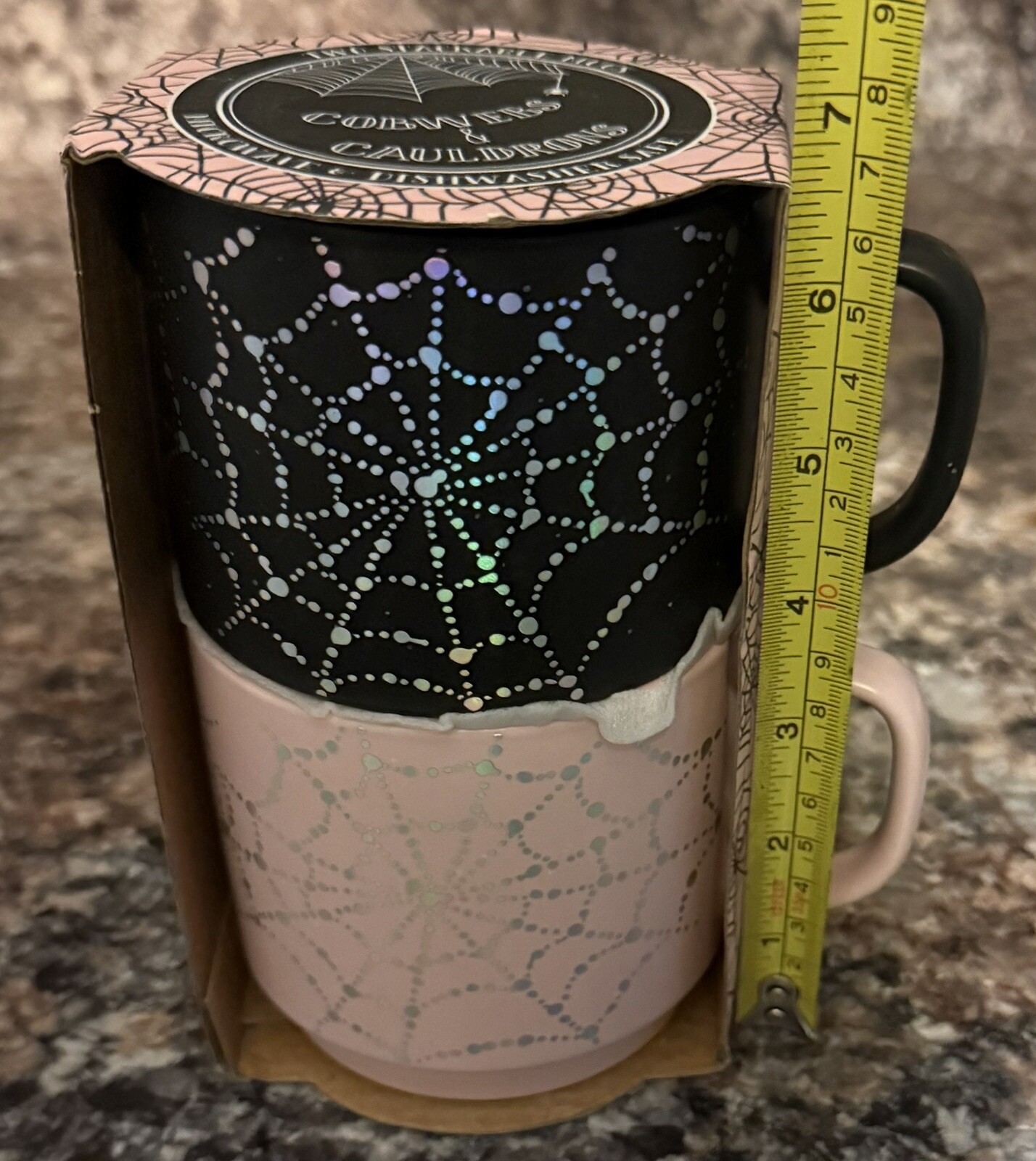 NWT Cobwebs & Cauldrons Spider web Stackable Mug Set-Halloween Mug Set