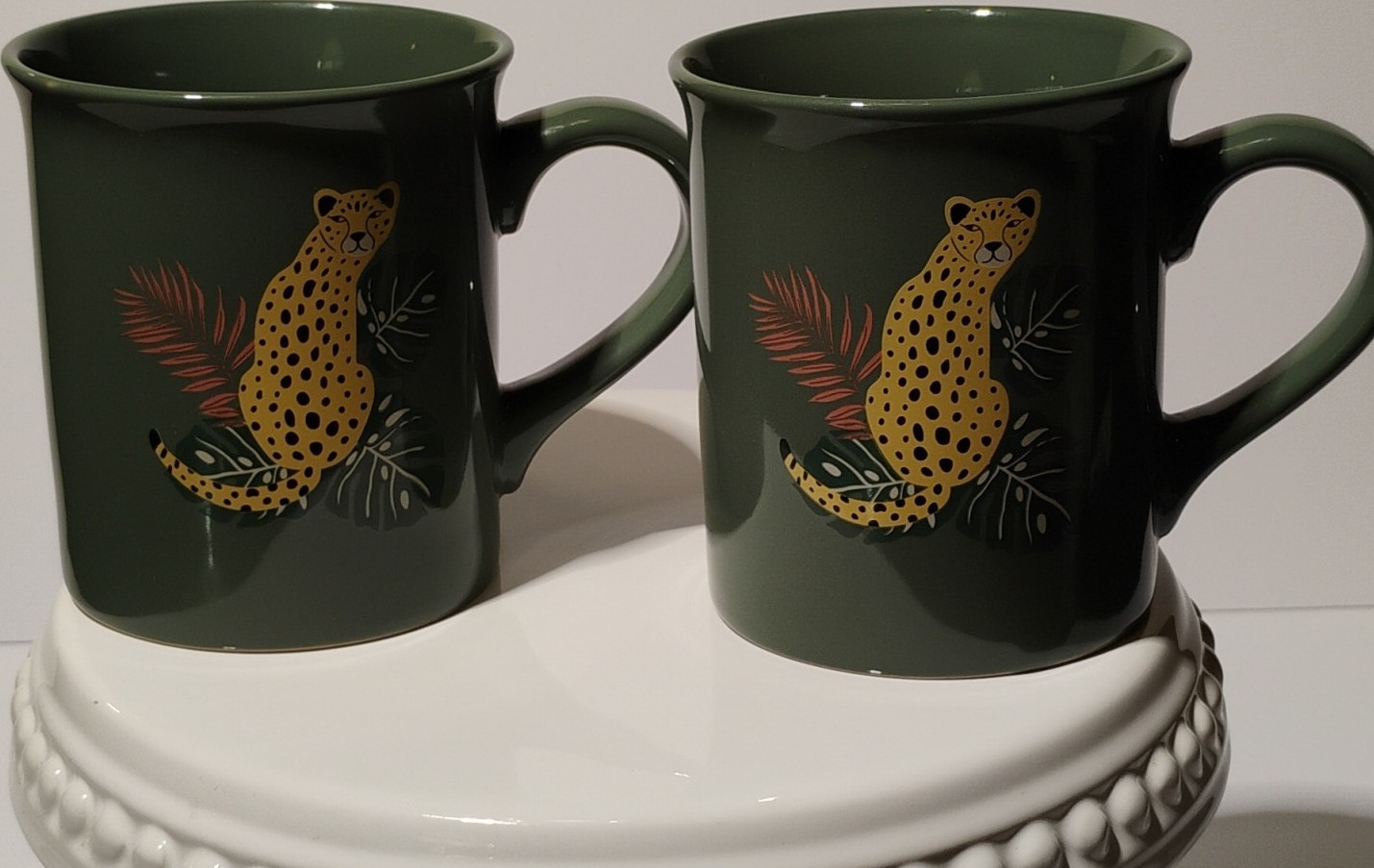 Ceramic Coffee Mug Set Two-Piece Dark Green Leopard Animal Print 16 fl oz
