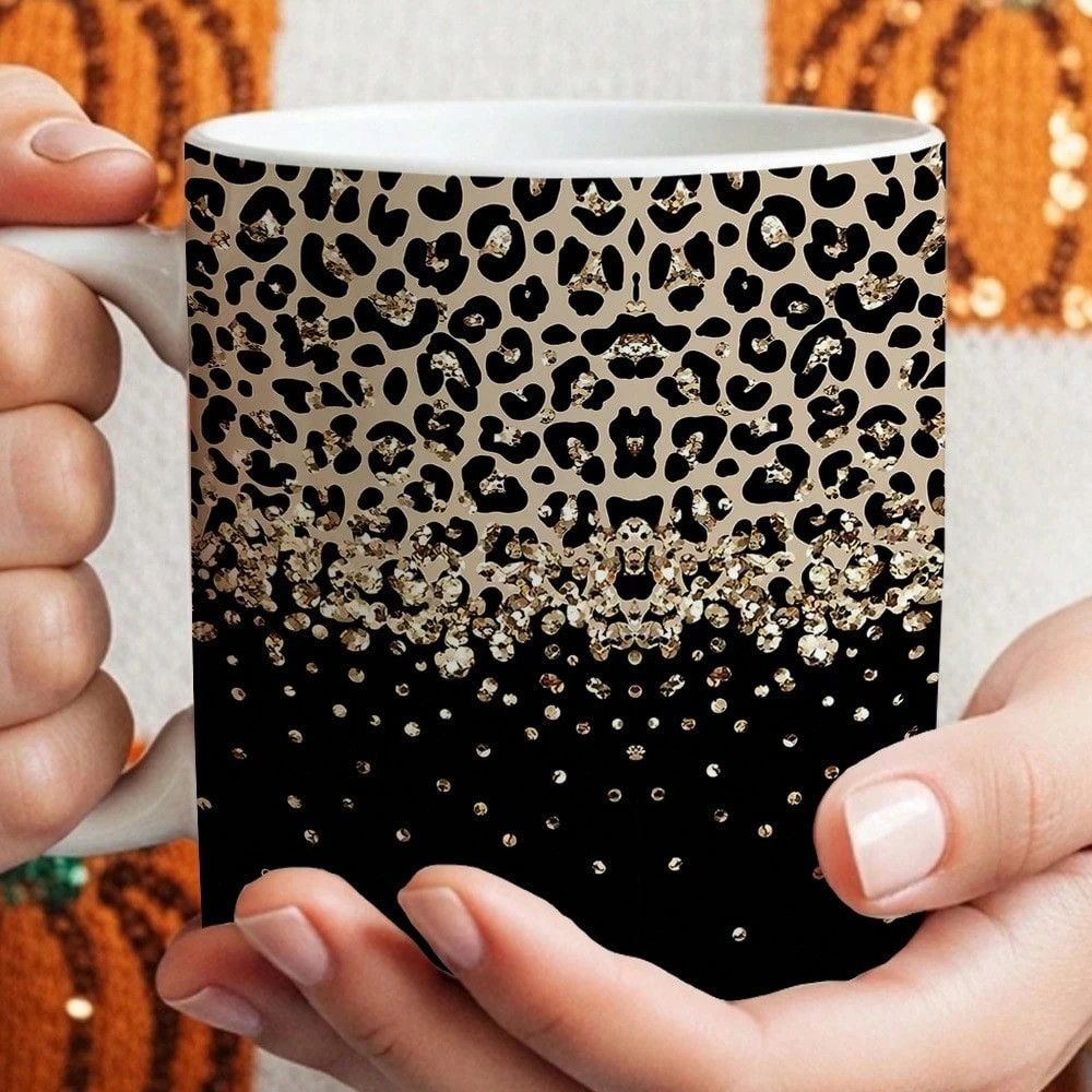 Leopard Print Coffee Mug with Golden Pattern, Elegant Heat-Retaining Cup