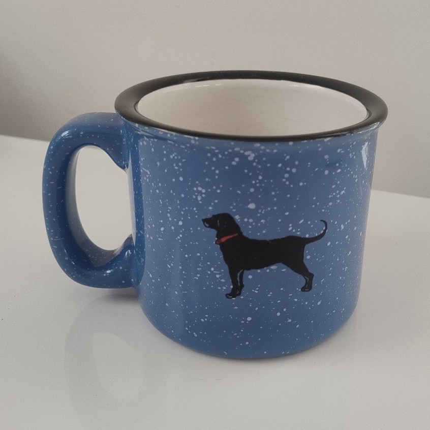 The Black Dog Speckled Ceramic Coffee Mug, Blue/White/Black Dog Graphic