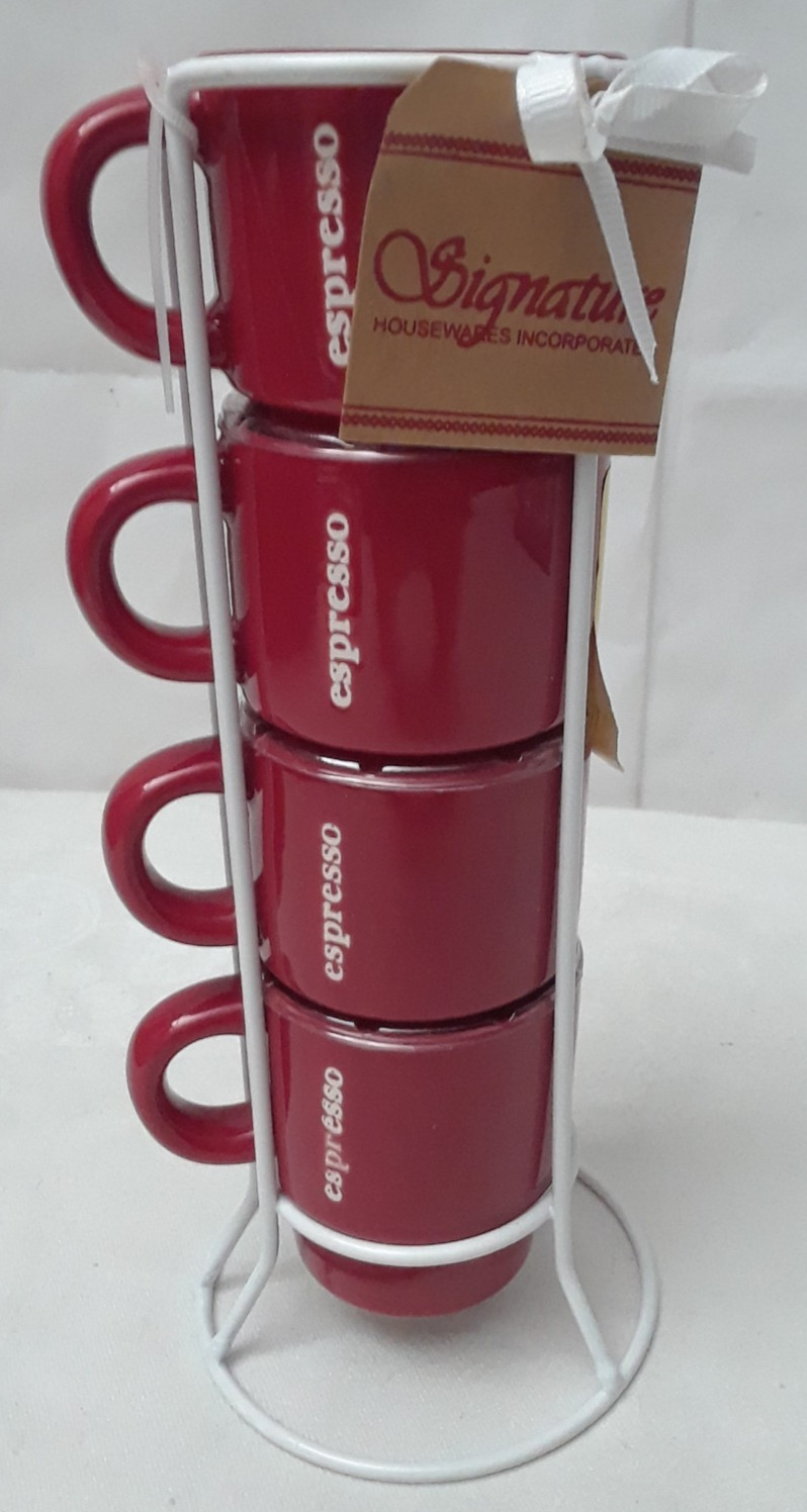 Signature Housewares Expresso Coffee Set (4) Red Design with Stand