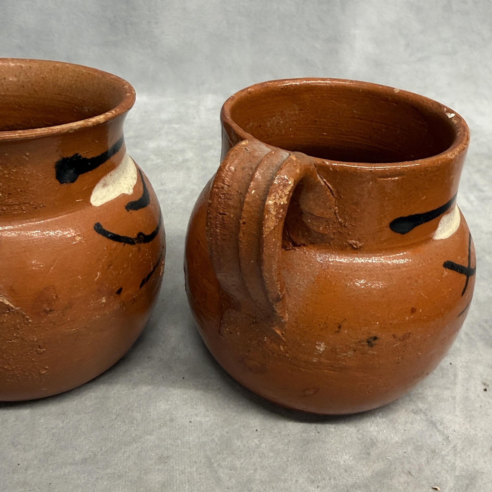 Handmade Terra Cotta Pottery Small Creamer Jugs Mugs Set Rustic Brown Folk Art