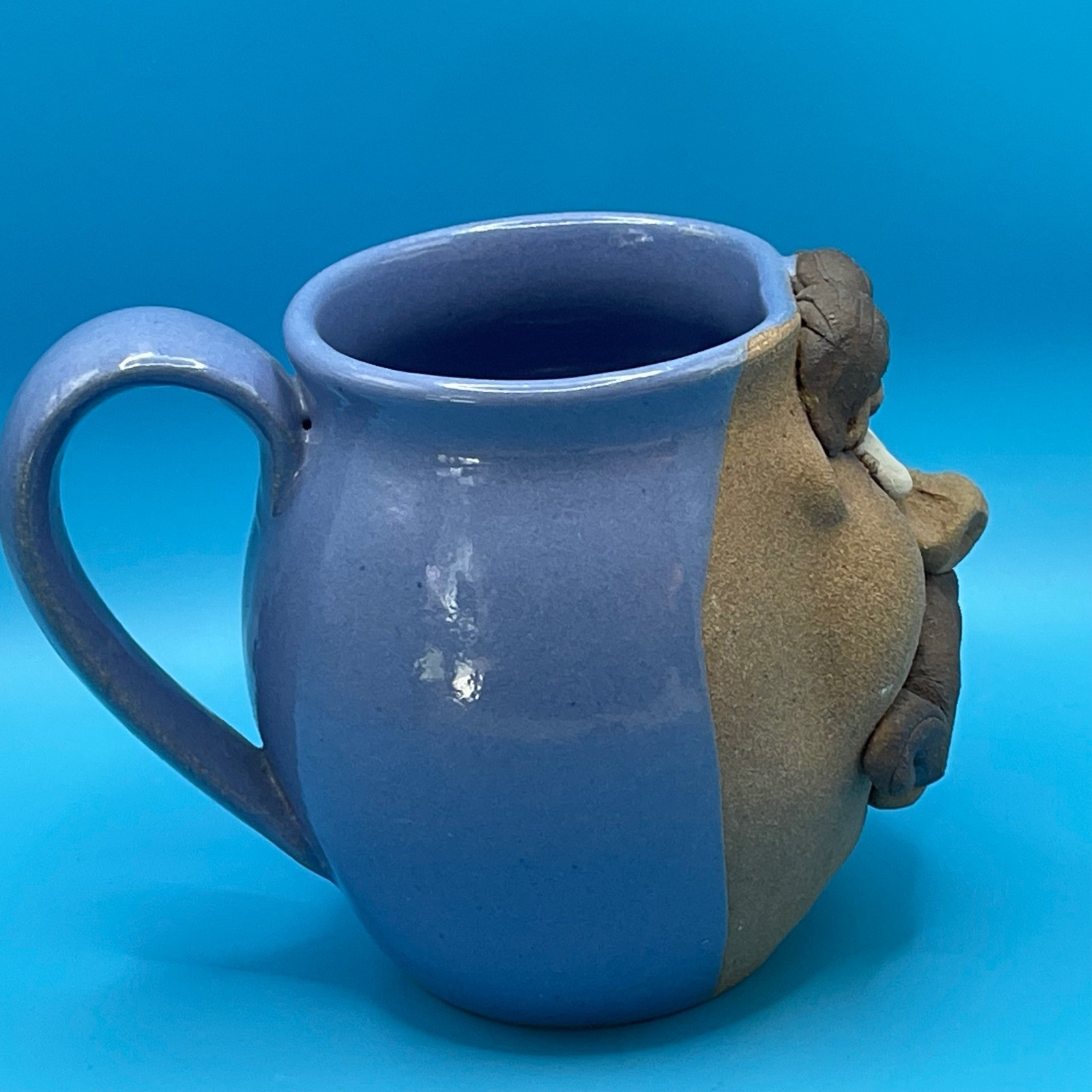 Handmade Studio Pottery Ugly Face Mug Blue Brown Dad Mustache Sculpted Folk Art