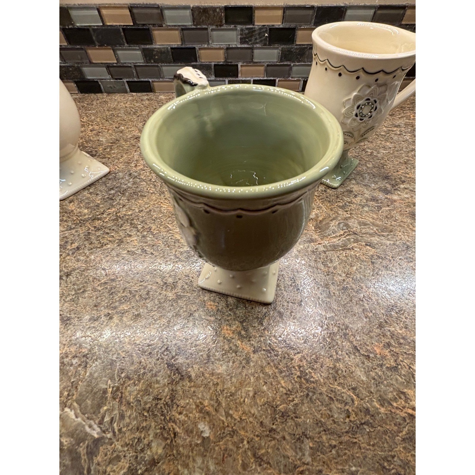 Ceramic Footed Floral Mugs Set of 3 Sage Green Cream Cottage core