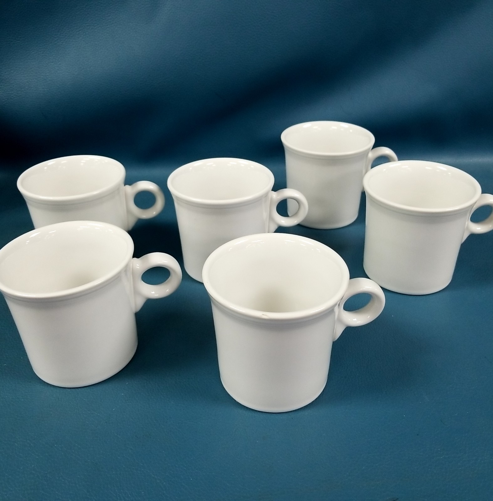 6 White Replacement Fiestaware Java Mugs Art Deco Ring Handle Embossed Logo