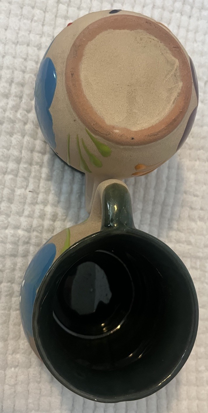 Hand-Painted Mexican Ceramic Coffee Mug Set of 2, 8 fl oz, Round Beige/Blue