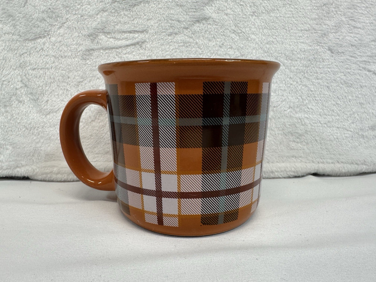 Boston Warehouse Mug Plaid Coffee Tea Cup Fall Autumn Rust Cozy Cottage Core