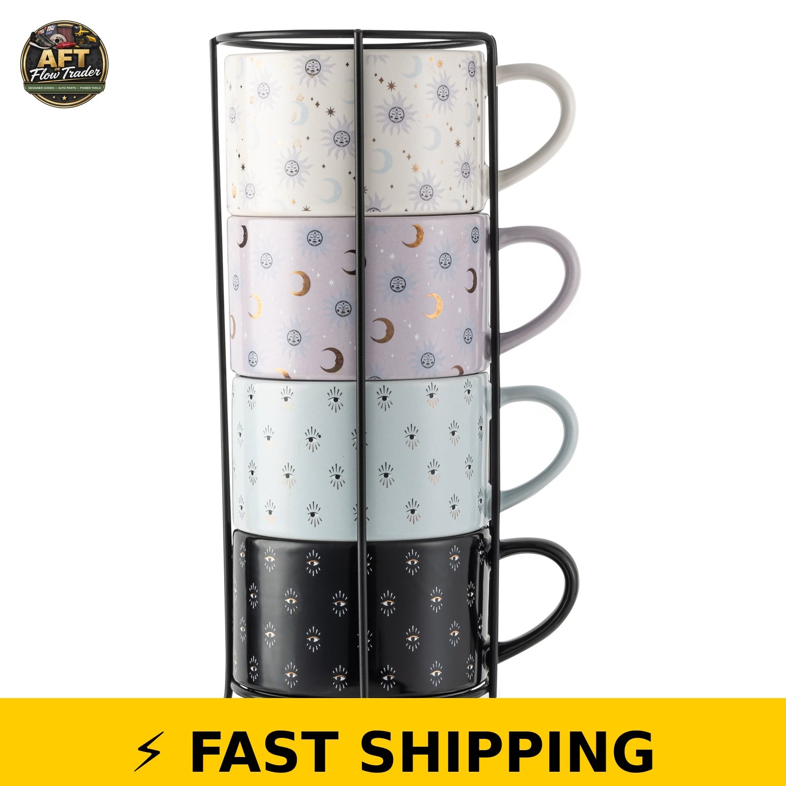 Thyme & Table 4 Pack Celestial Stacking Mugs, Assorted Colors