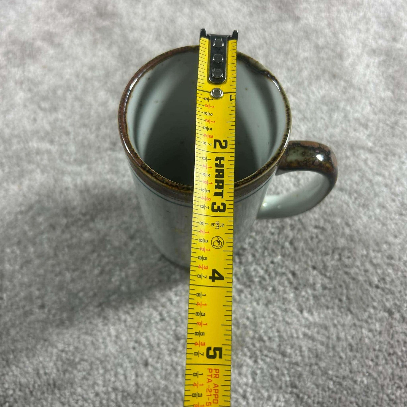 Striped Speckled Stoneware Tall Mug Cream Brown Blue Cylindrical 10oz