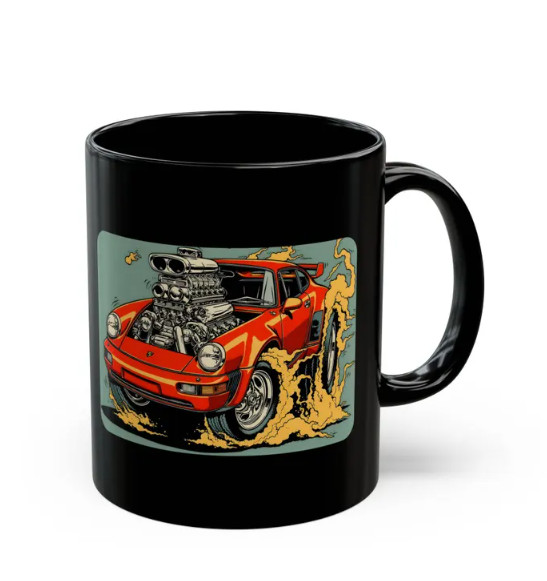 Porsche Rat Fink Style Muscle Car with Blower Mug Black Ceramic Mug