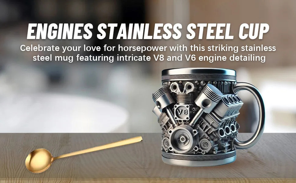 Stainless Steel Cup V8 & V6, V6 V8 Engines Design Mug, Durable & Stylish Rust-P