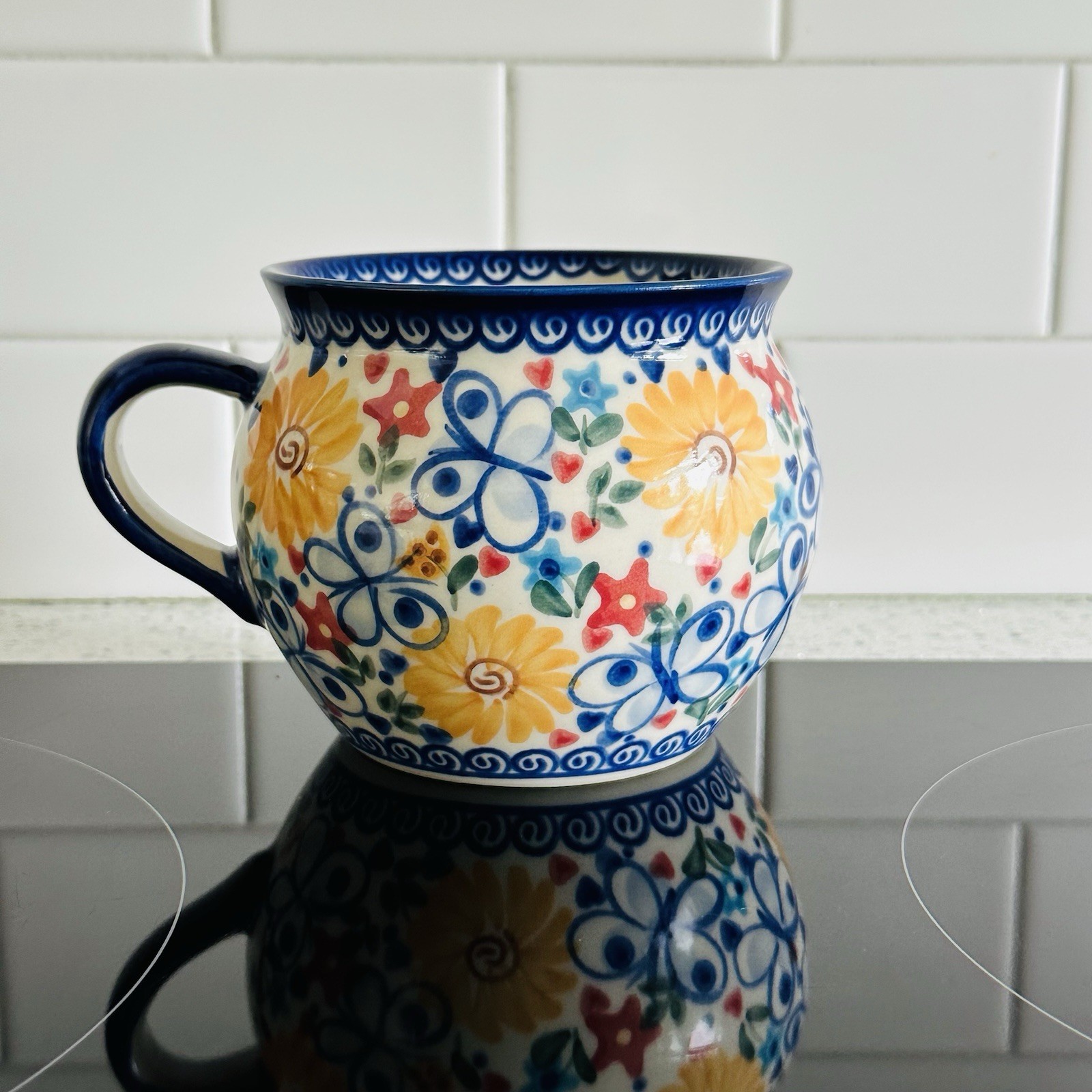 Polish Mug Pottery Bubble Mug Blue Red Yellow Butterflies Flowers Unikat Vena