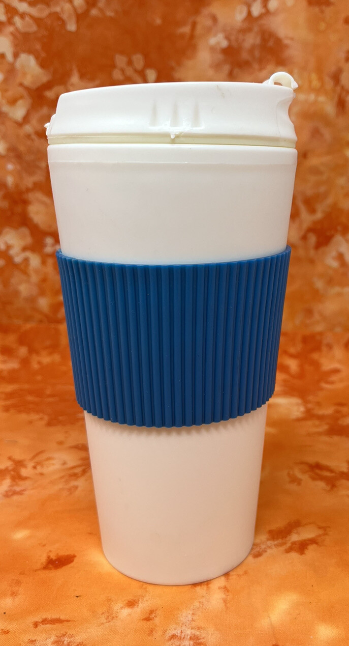 Plastic White Travel Cup/Mug w blue rubber handle