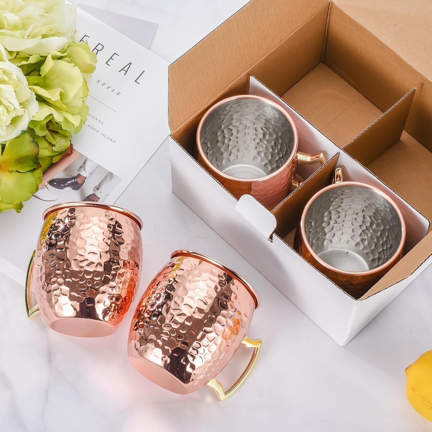 Moscow Mule Mugs Set of 4, 16 OZ Hammered Copper Cups with 304 Stainless Stee…