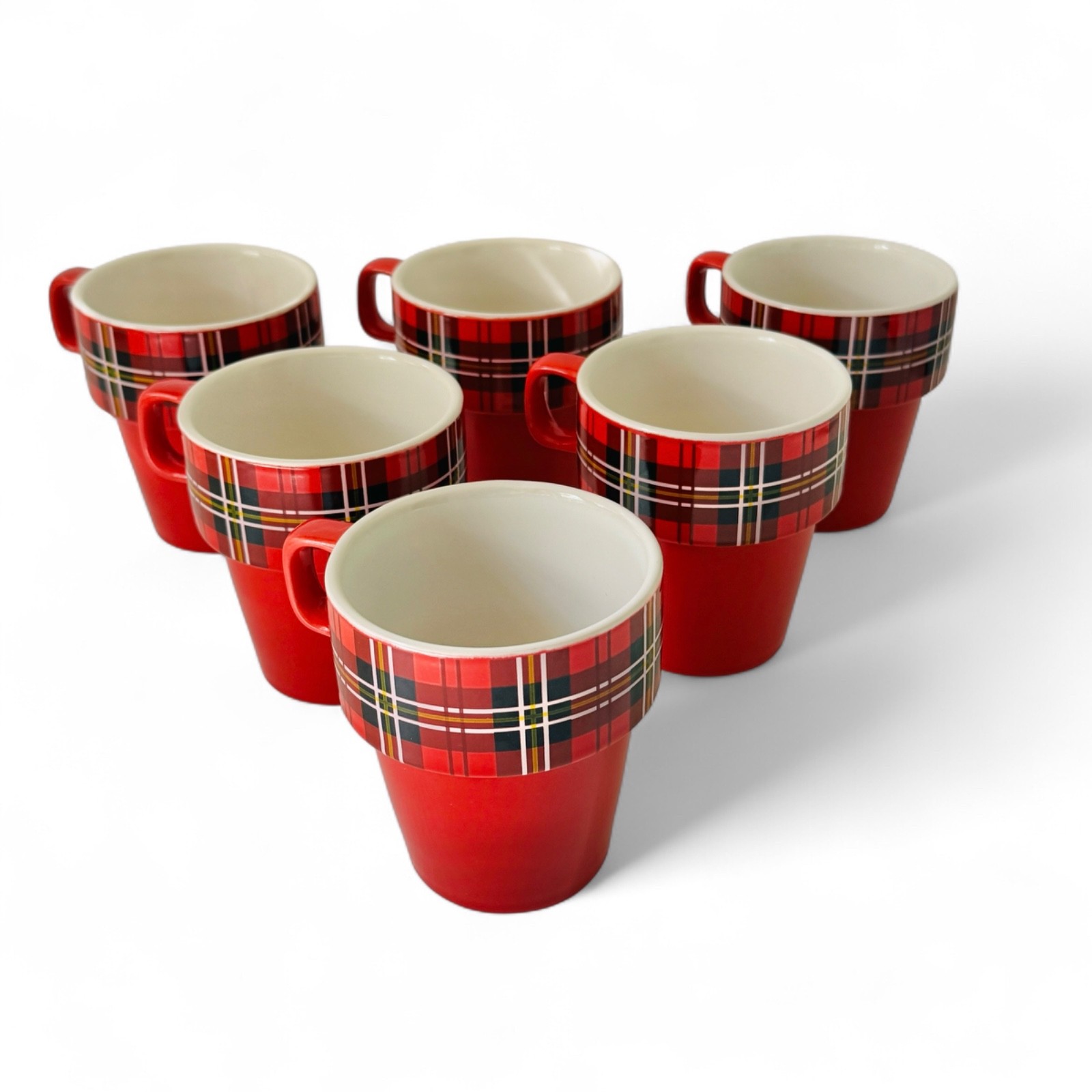 Stacking Ceramic Cappuccino Mugs Set/6 Red Plaid 8 oz Metal Stand Retro Xmas