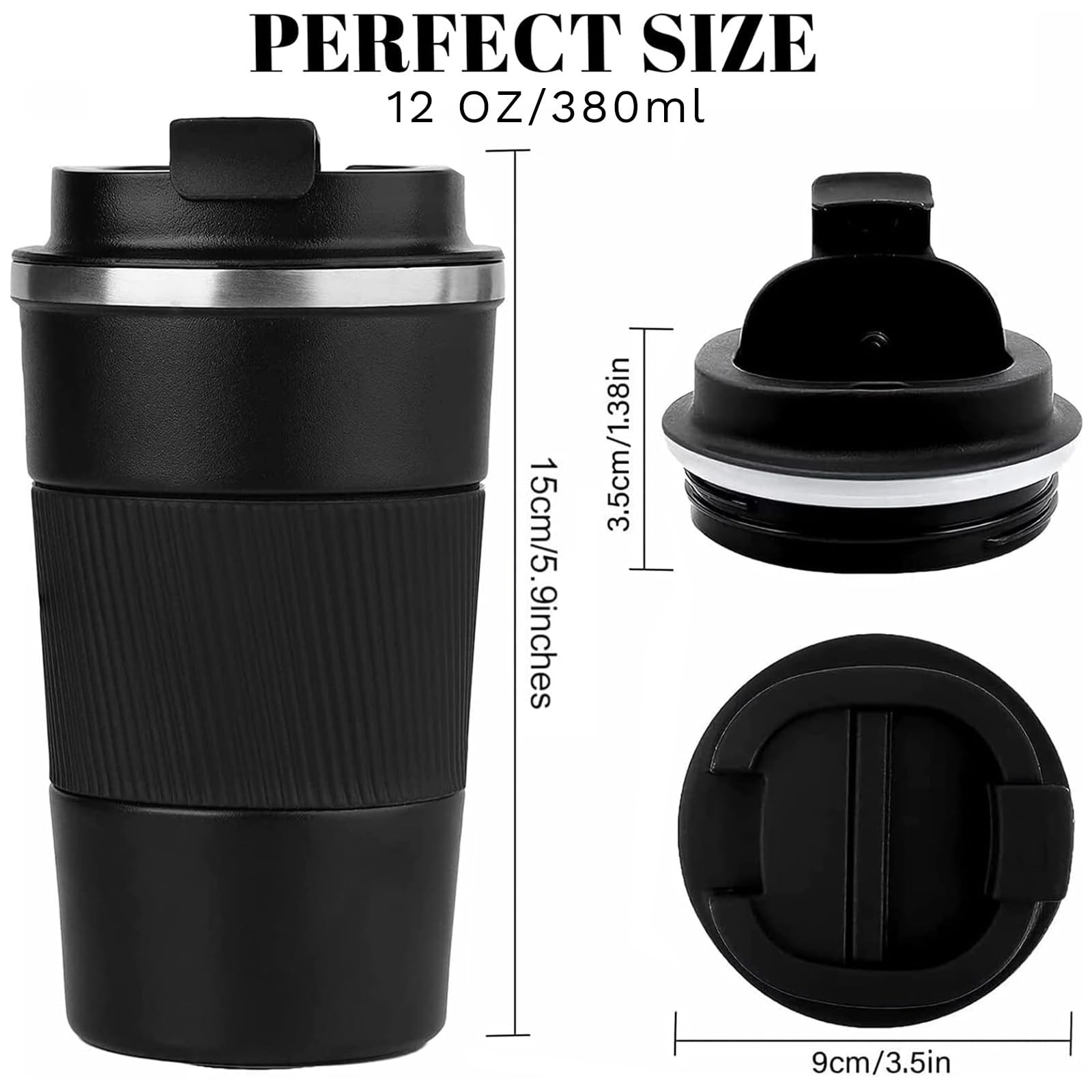 Insulated Travel Coffee Mug Stainless Steel 12 OZ Black Spill Proof To Go