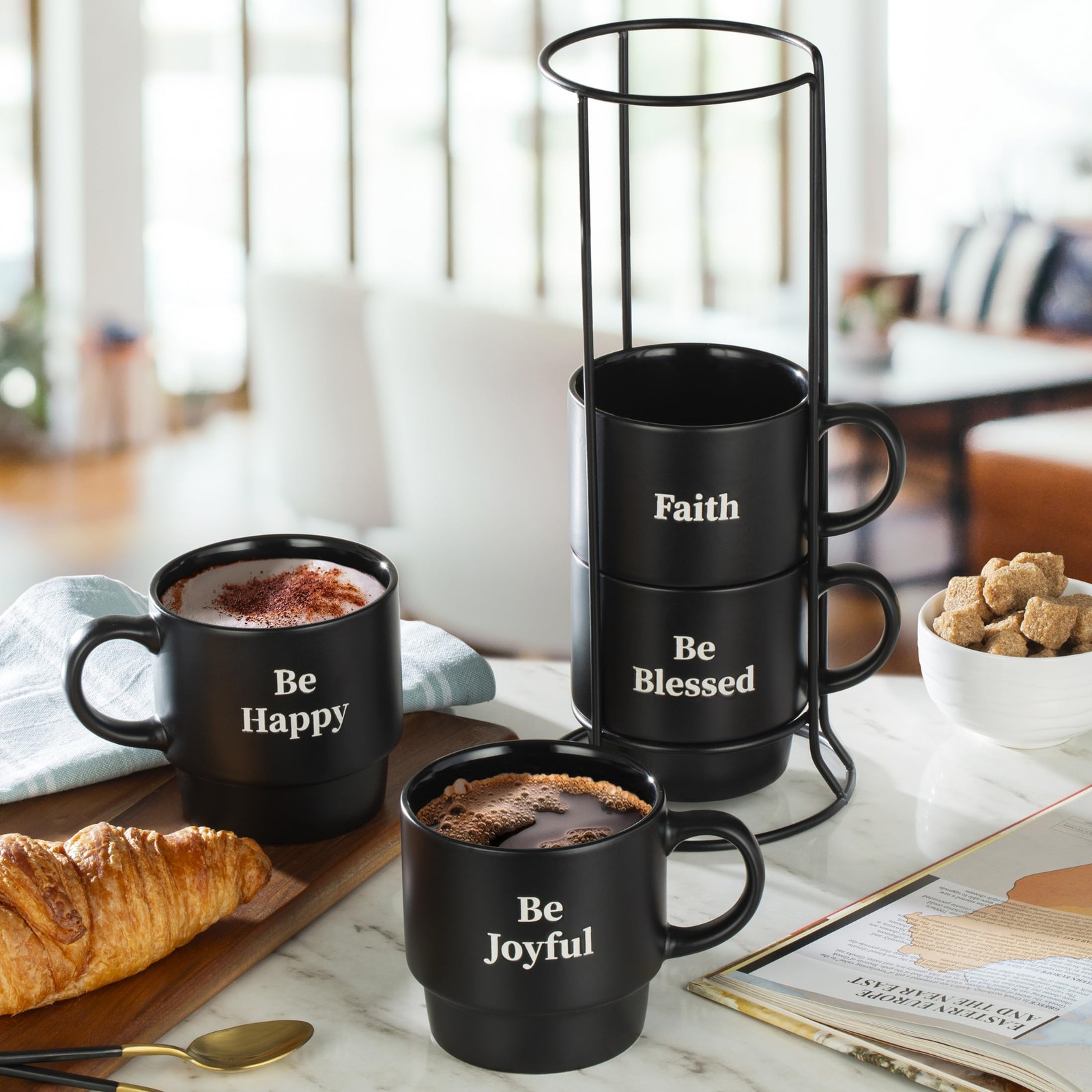 Stackable Coffee Mug Tower Set with Metal Wire Rack – 15 Ounce Coffee Mugs fo…