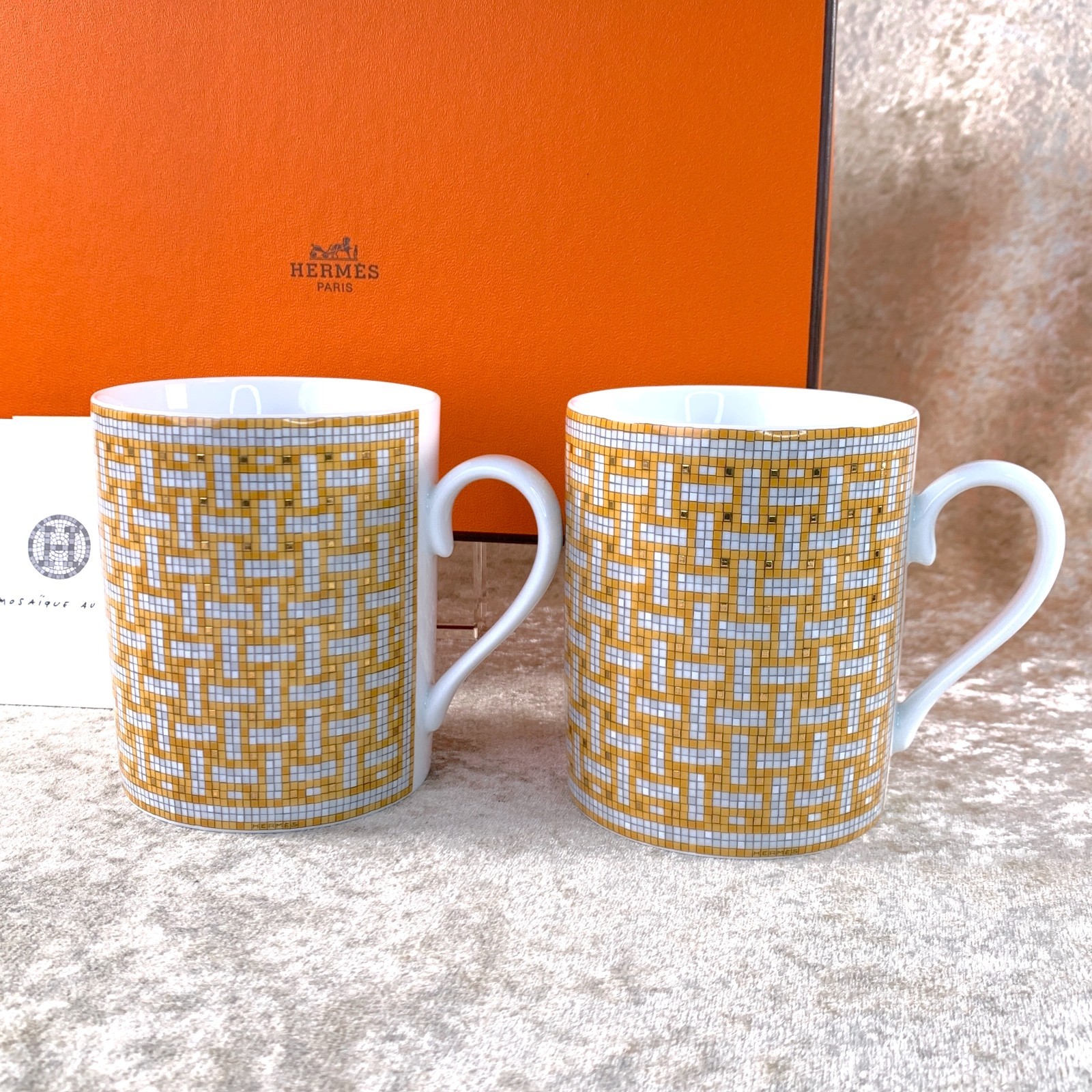 Hermes Paris Mug Cup Mosaique Au 24 Gold Porcelain Tableware Set of 2 with Case