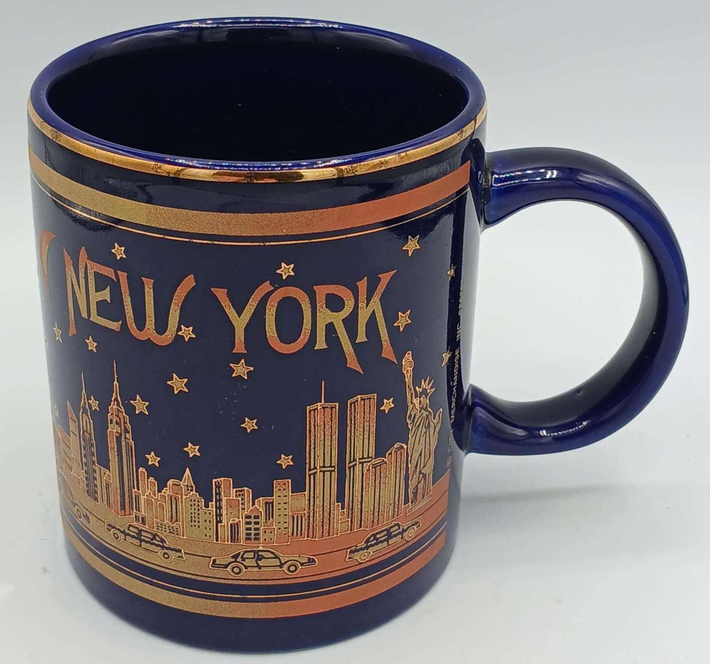 Vintage New York City Skyline Mug 12 Oz. Twin Towers Merchandise Blue Art Deco
