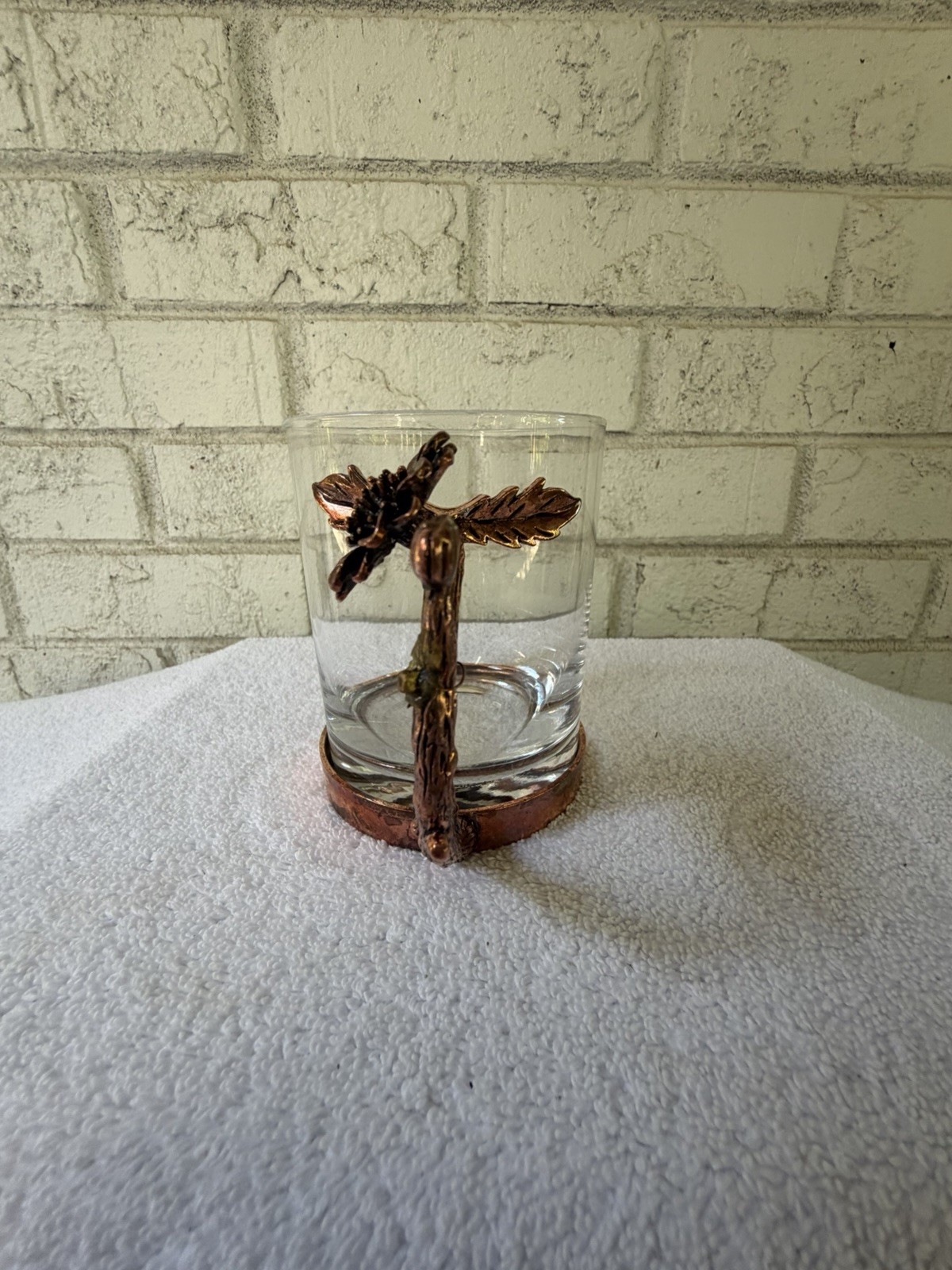 Clear Glass Mug 8 fl oz Copper-Tone Floral Metal Handle & Base Rustic Decor